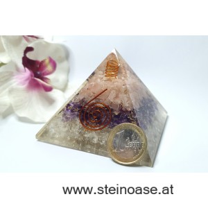 Orgonit Pyramide: Amethyst, Rosenquarz, Bergkristall & Spirale & Herkimer Diamant, 75mm